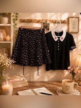 Vintage-Inspired Black with Mushrooms Print Skirt and Collared Top